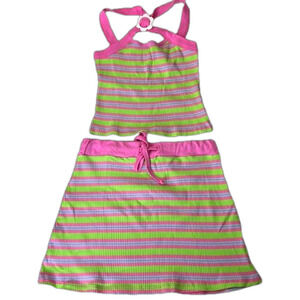Doll's Kill Delias Groovy Striped  Criss Cross Halter Top & Skirt Set